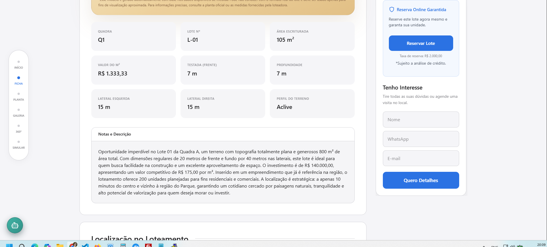 Ficha detalhada do lote com informações comerciais